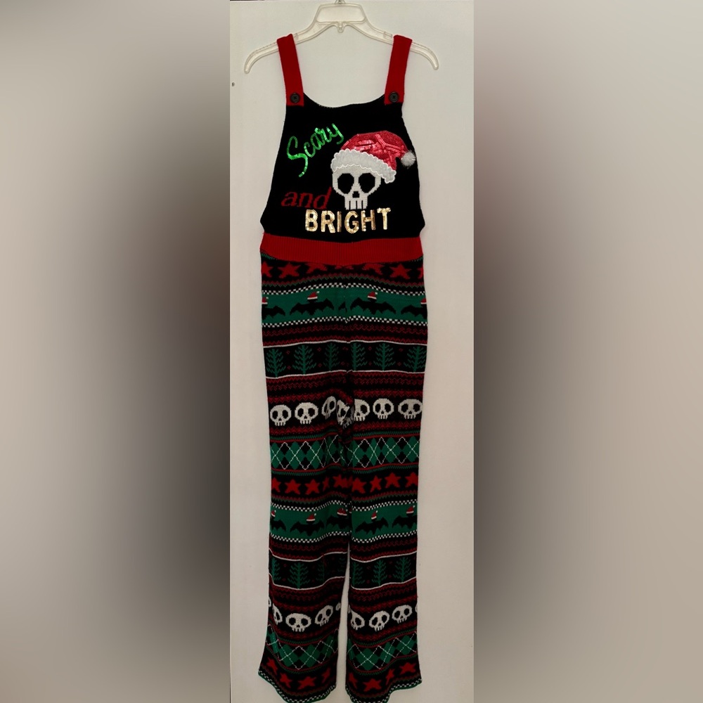 Scary and Bright Knit Christmas Jumpsuit Overall Sequin Eyeshadow NWOT Sz L